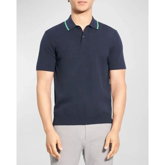 THEORY Polo Shirt Mens Large Navy Short Sleeve Green Trim GORIS - Picture 1 of 9
